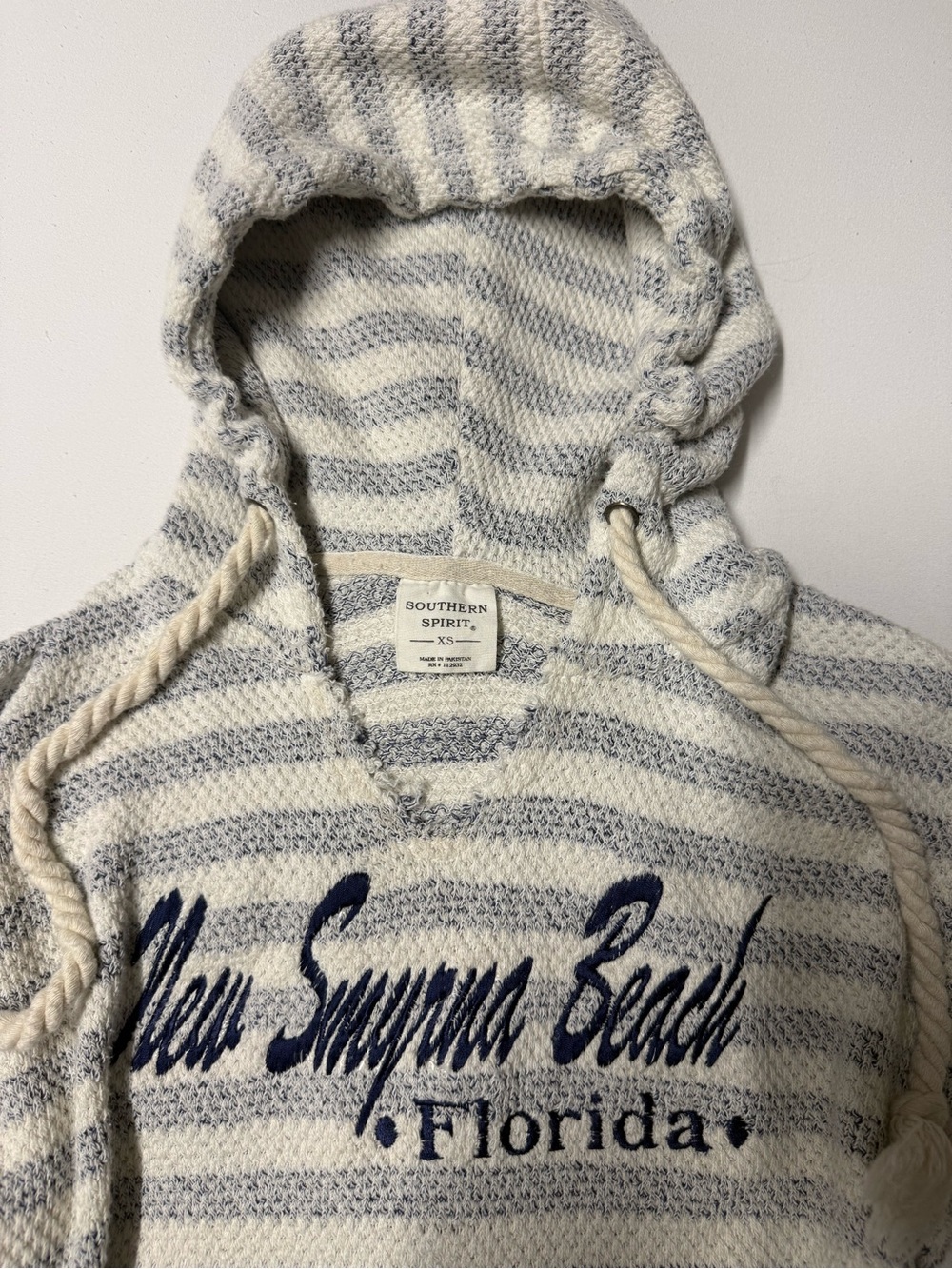 Striped Hooded Lite Sweatshirt Cream & Gray - New Smyrna Beach Florida XS - Picture 11 of 12
